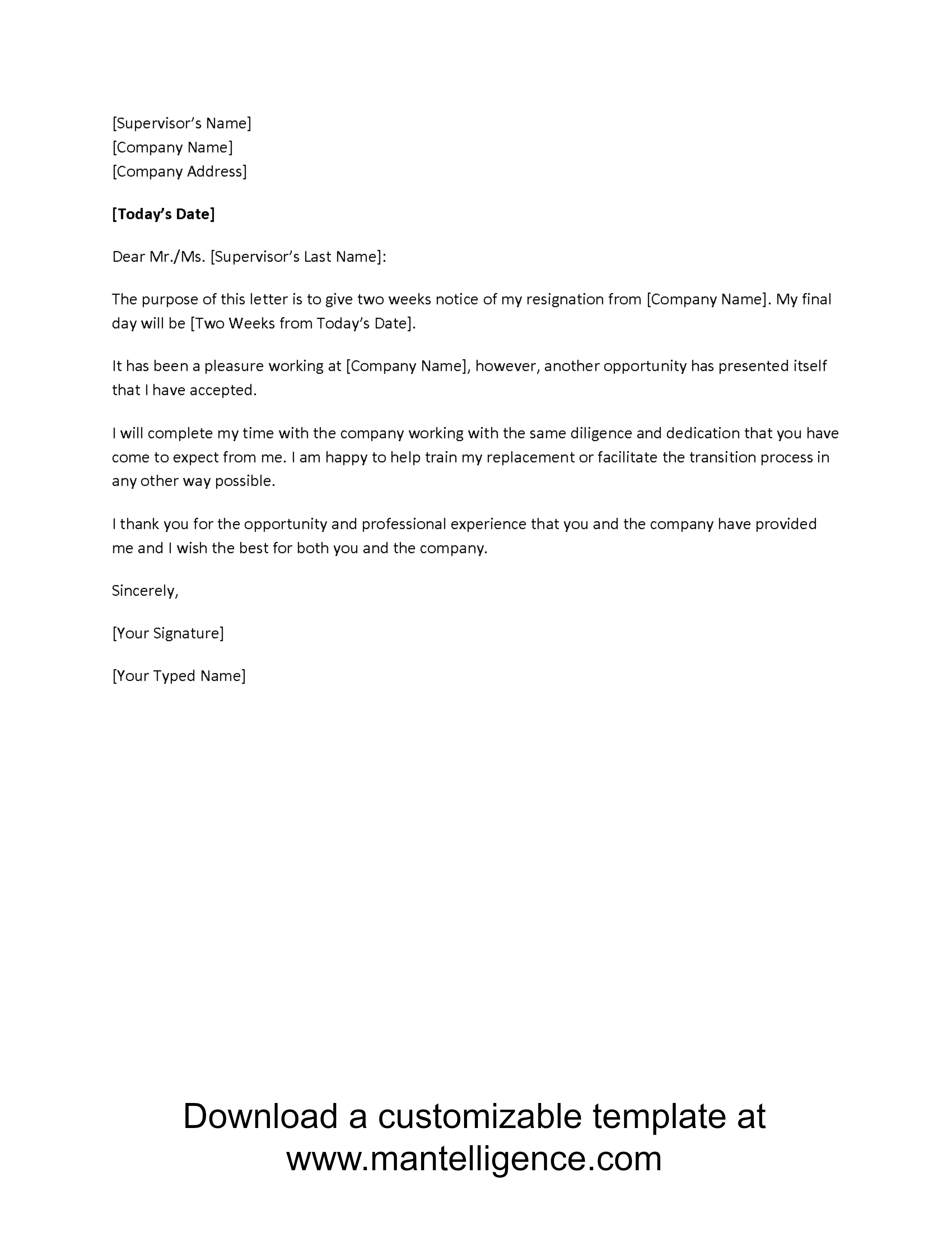 new opportunity two weeks notice letter template comp Resignation 
