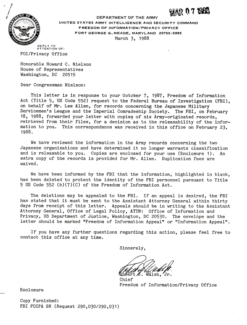 Internment Archives: Army Letter to Rep. Nielson on Release of 