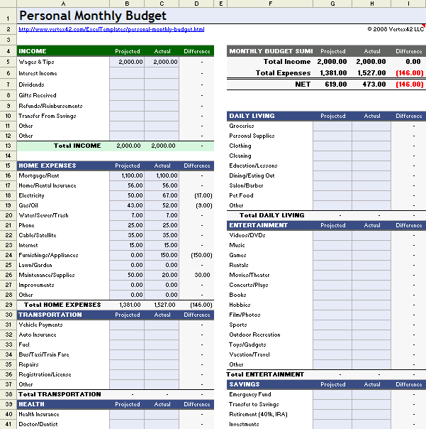 Monthly Budget Spreadsheet for Excel