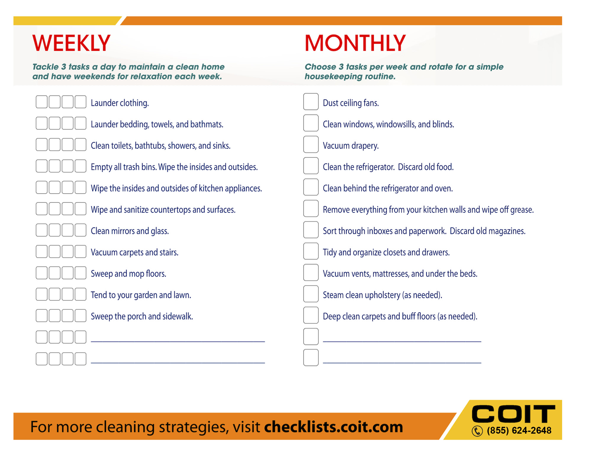 Weekly and Monthly House Cleaning Checklist | COIT