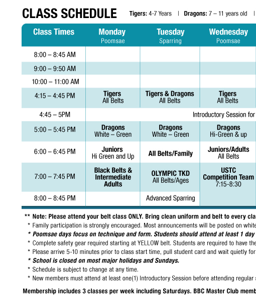 U.S. Taekwondo College Class Schedule