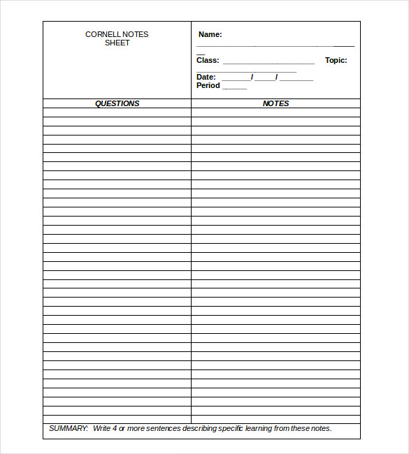 Blank Cornell Notes Template 8+ Free Word, Excel, PDF format 