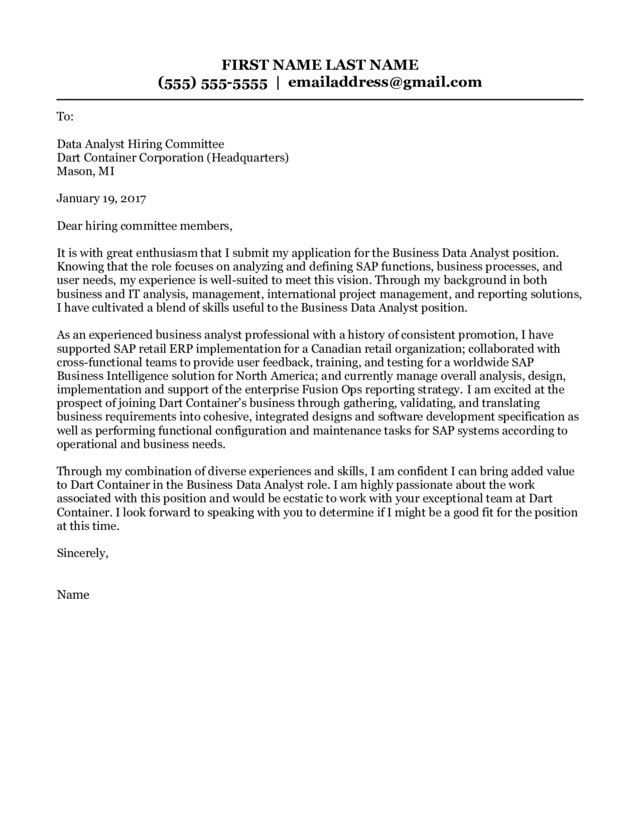 Data Analyst Cover Letter Inside Business Analyst Cover Letters 