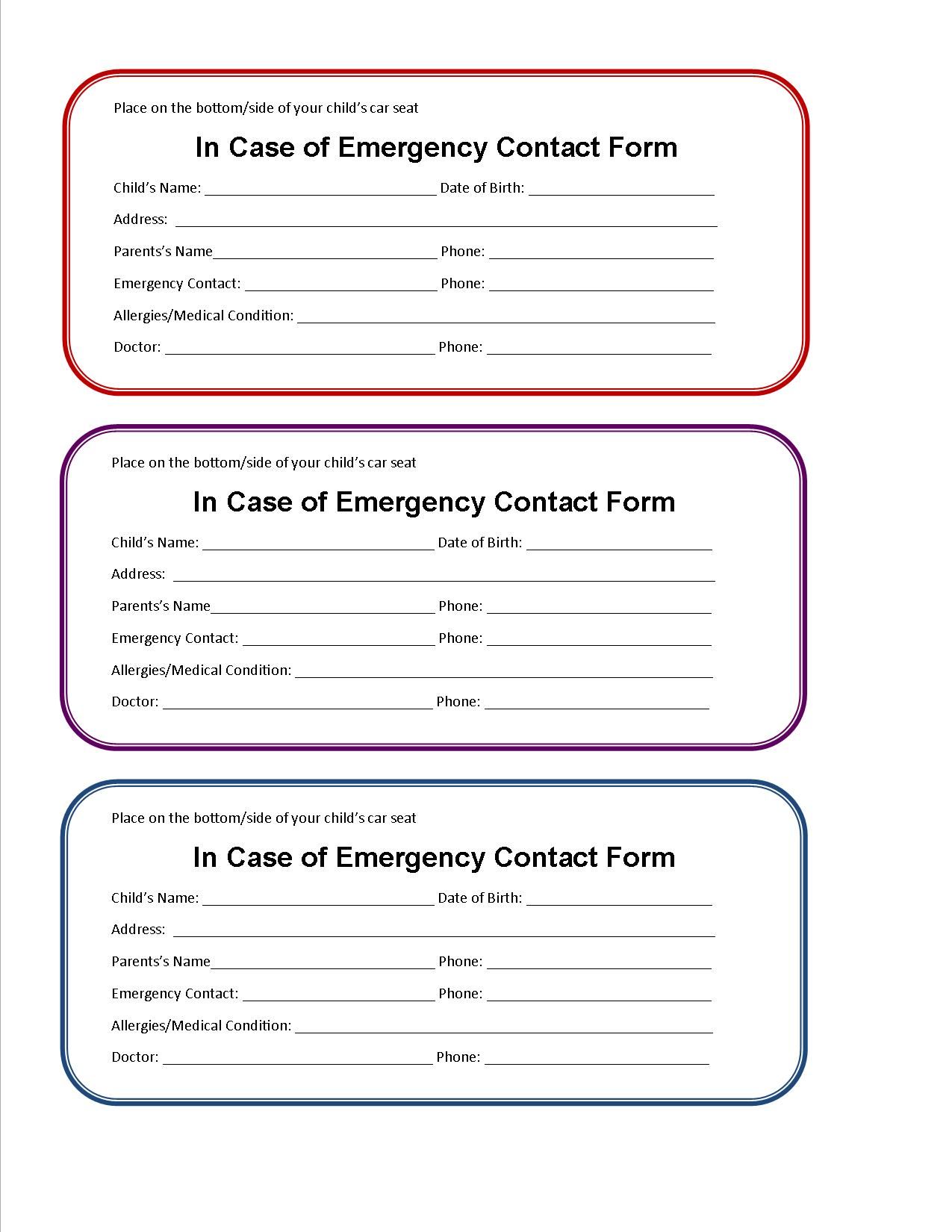 Printable Emergency Contact Form for Car Seat | Emergency 