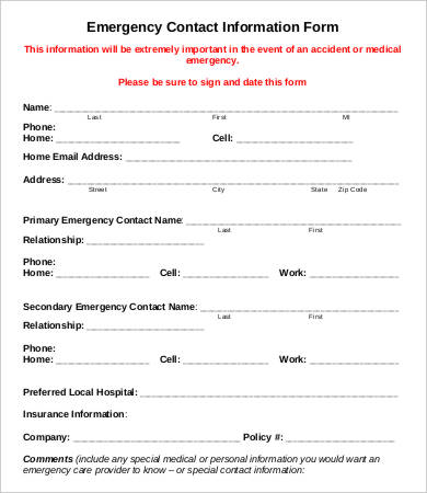 11+ Emergency Contact Forms PDF, DOC | Free & Premium Templates