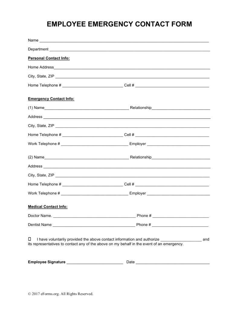 Free Employee Emergency Contact Form PDF | Word | eForms – Free 