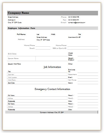 employee forms templates employee information forms for ms word 