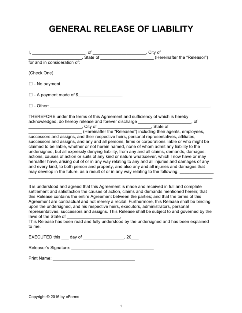 Printable Sample Release And Waiver Of Liability Agreement Form 