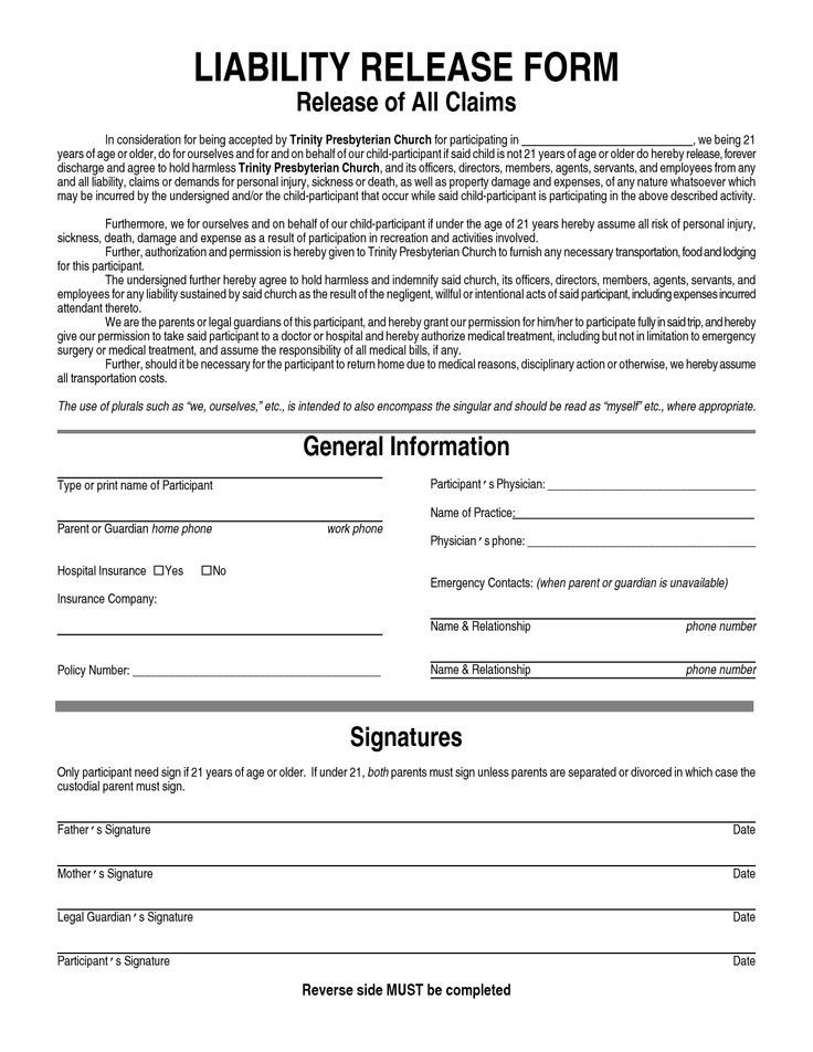 insurance waiver form template free printable liability release 
