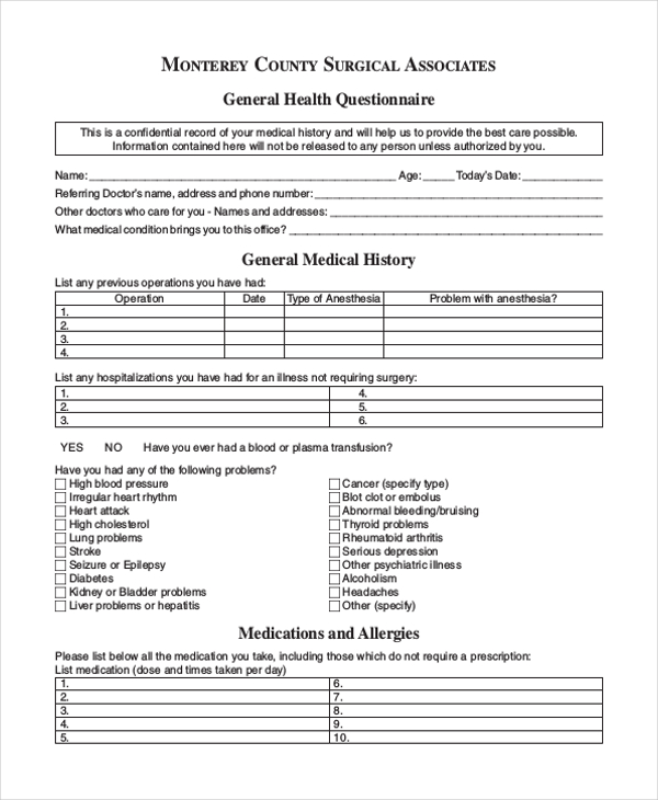 medical health questionnaire form Roho.4senses.co