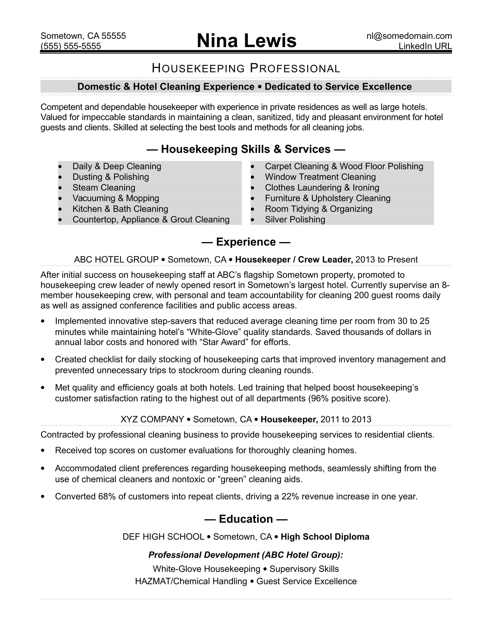 Housekeeping Resume Sample | Monster.com
