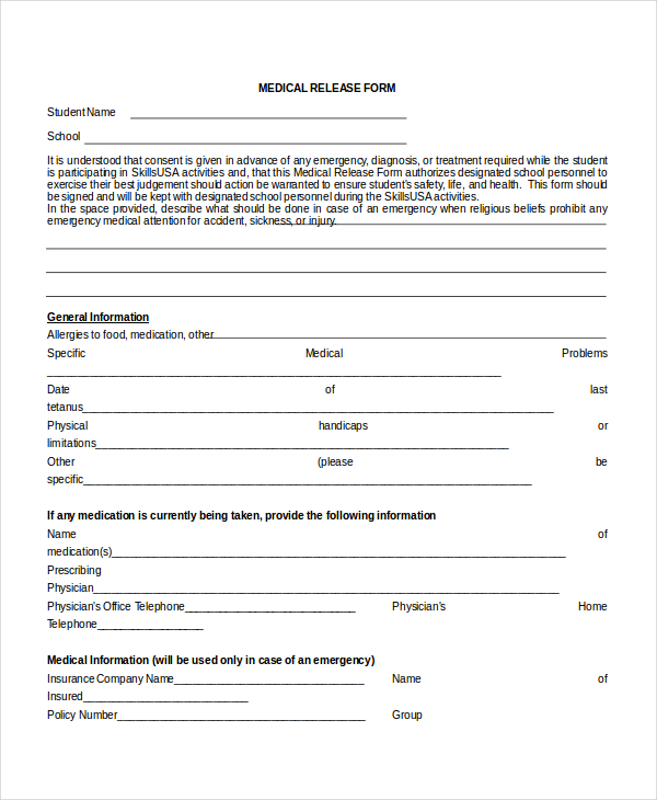 patient release form template 10 medical release forms free sample 