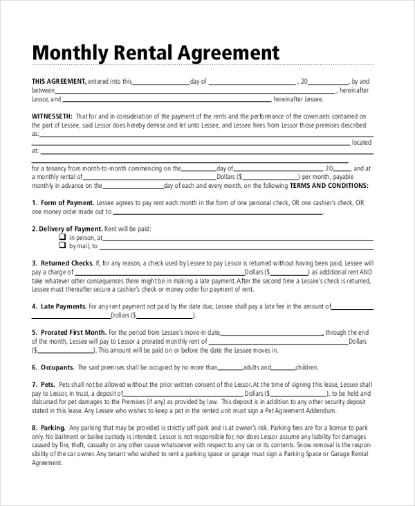 Month to Month Rental Agreement Form FREE Download