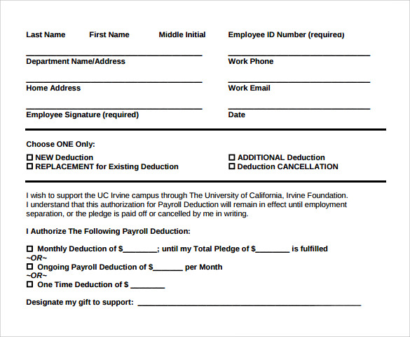 employee deduction form template payroll deduction form template 