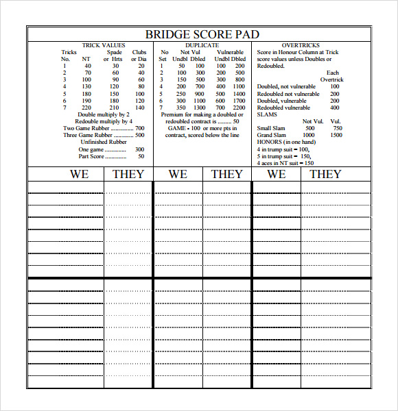 8+ Sample Bridge Score Sheets | Sample Templates