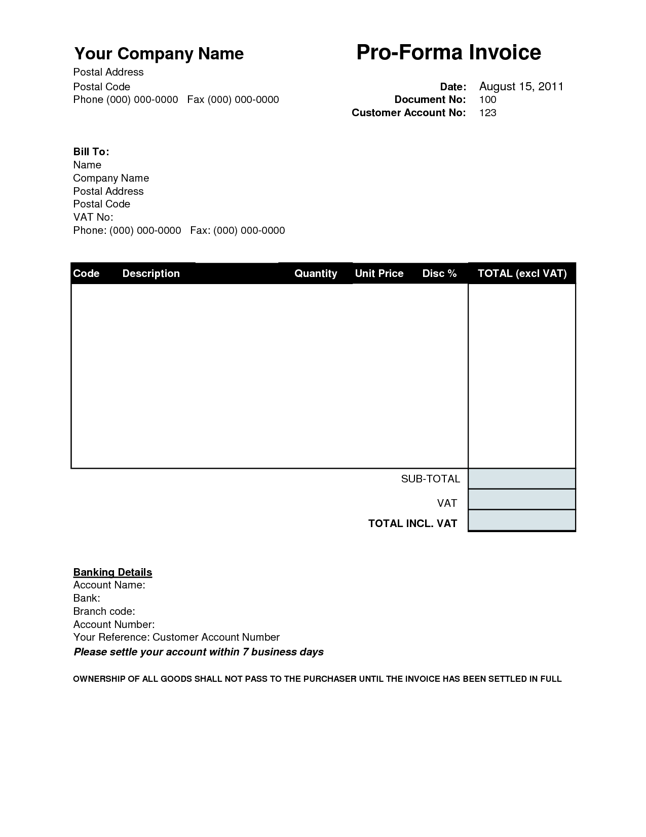 blank proforma invoice template