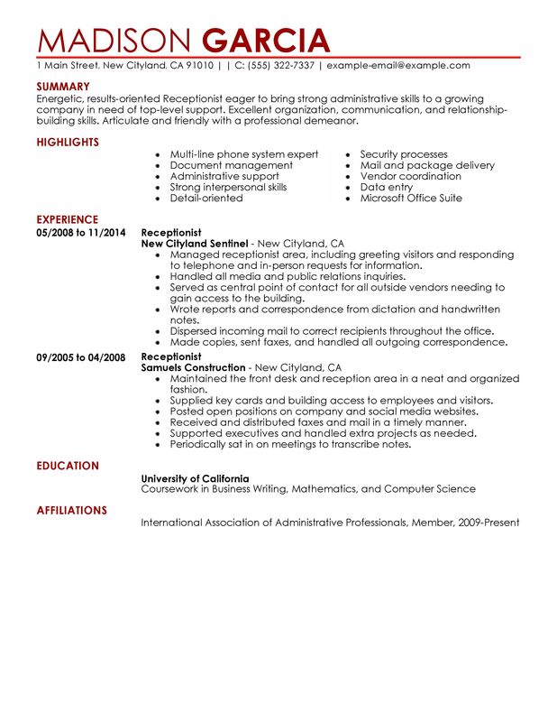 receptionist resume receptionist administration and office support 