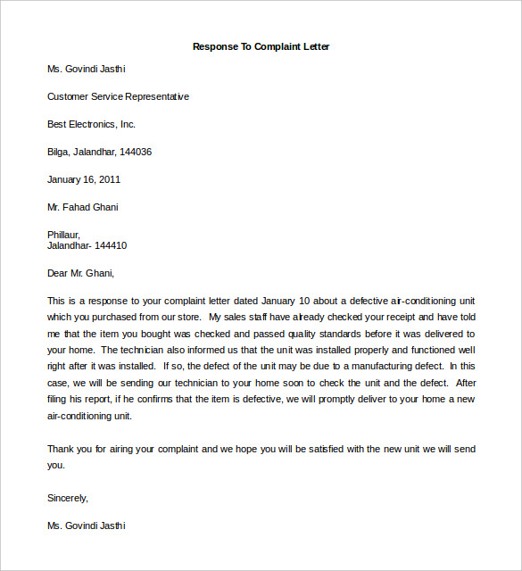 how to respond to a complaint letter example