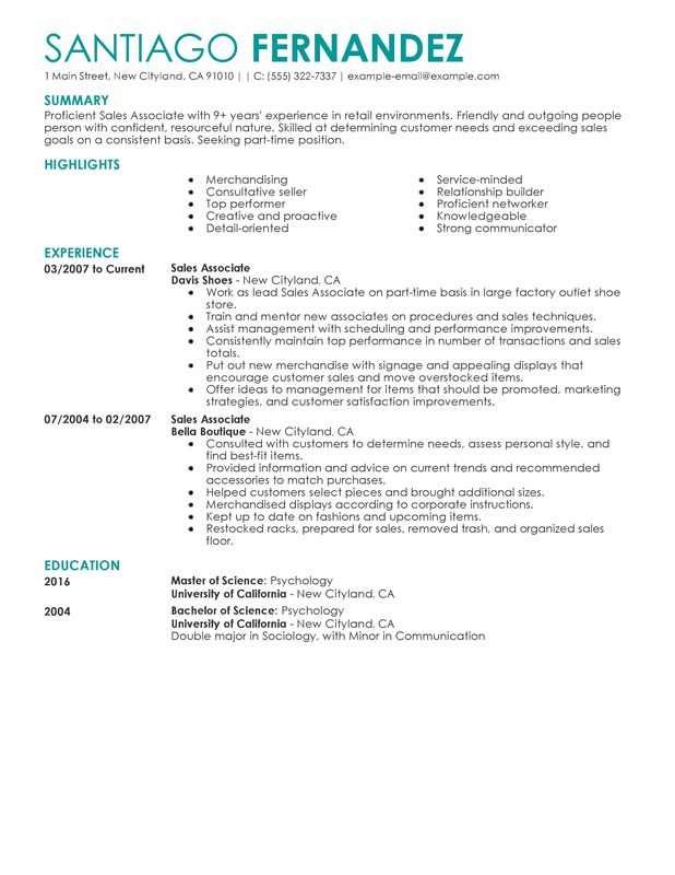 Unforgettable Part Time Sales Associates Resume Examples to Stand 