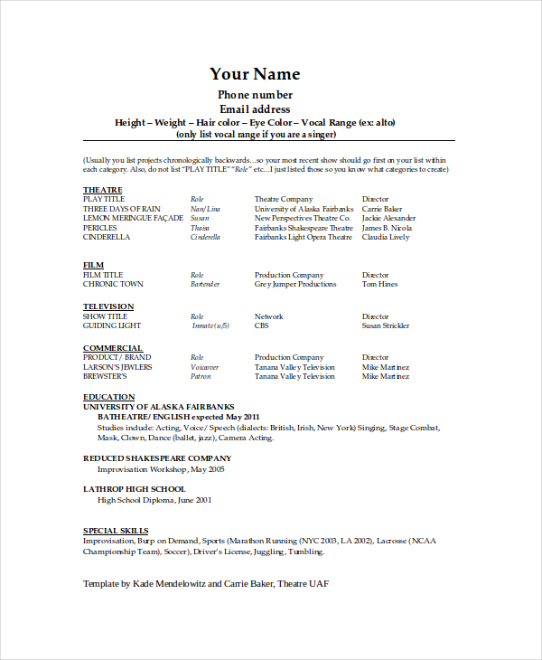 Theater Resume Template 6+ Free Word, PDF Documents Download 