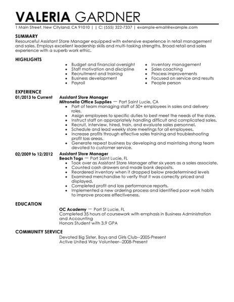 Best Retail Assistant Store Manager Resume Example | LiveCareer