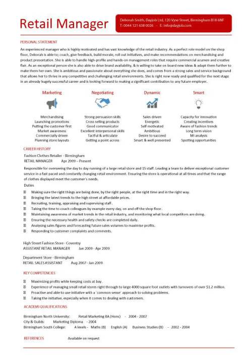 Retail Manager Cv Template Example Personal Statement Retail Store 