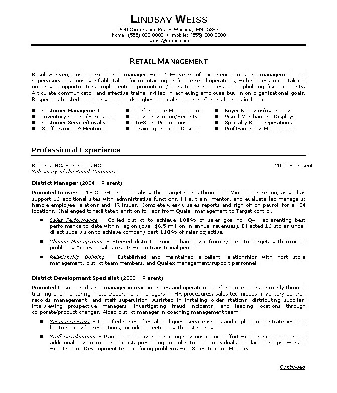 Retail Sales Manager Resume Examples full page sample 