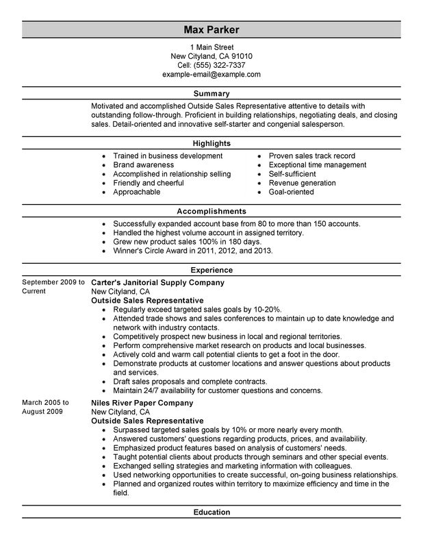 Outside Sales Representative Resume Examples – Free to Try Today 