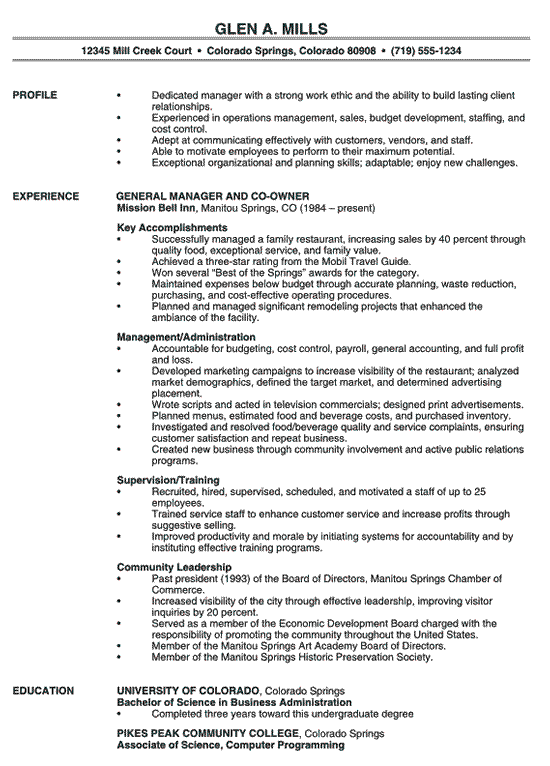 Restaurant Manager Resume Samples General manage r and co owner 