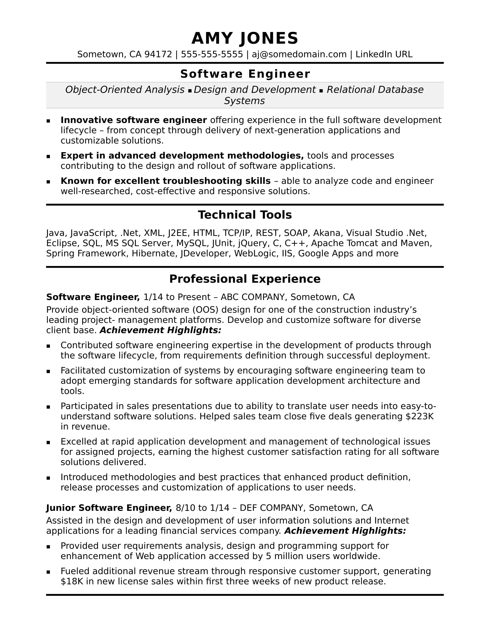 Midlevel Software Engineer Sample Resume | Monster.com