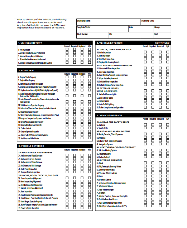 Free Vehicle Inspection Checklist Form | Good to know | Pinterest 