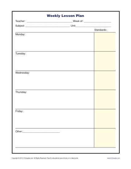 Weekly Lesson Plan Template with Standards Elementary