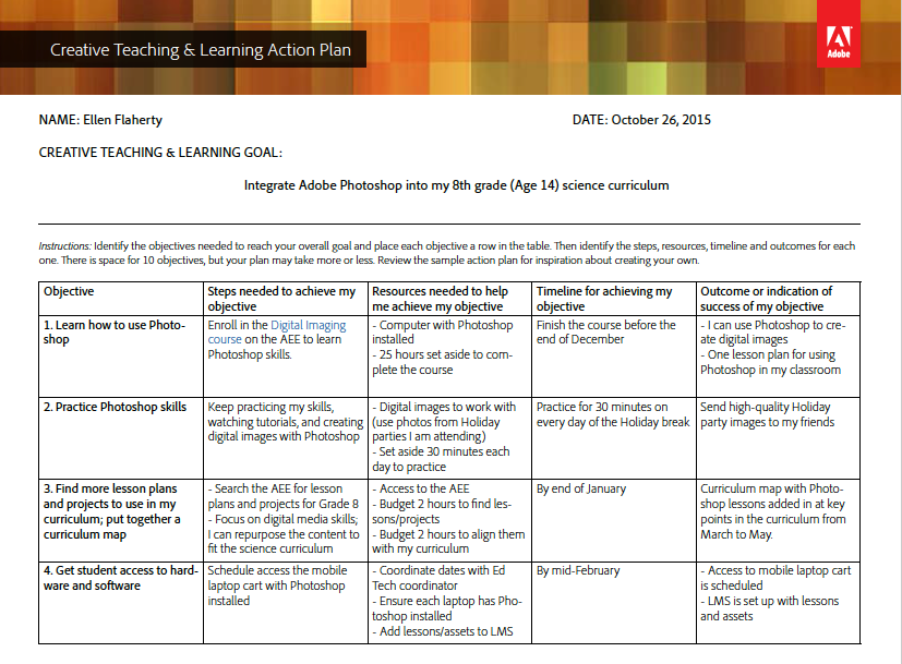 Creative Teaching & Learning Action Plan Template and Sample 
