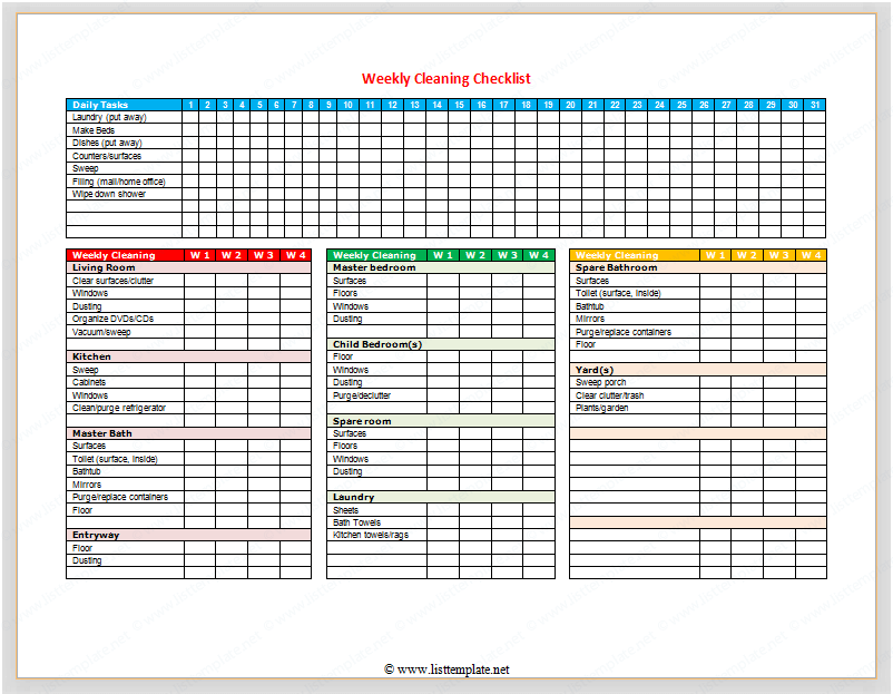 Weekly Cleaning Checklist (For Word) List Templates
