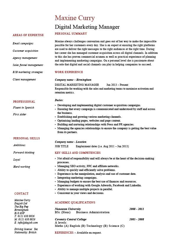 digital marketing resume template digital marketing manager cv 
