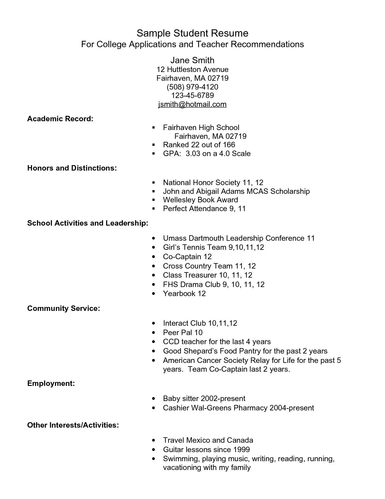 example resume for high school students for college applications 