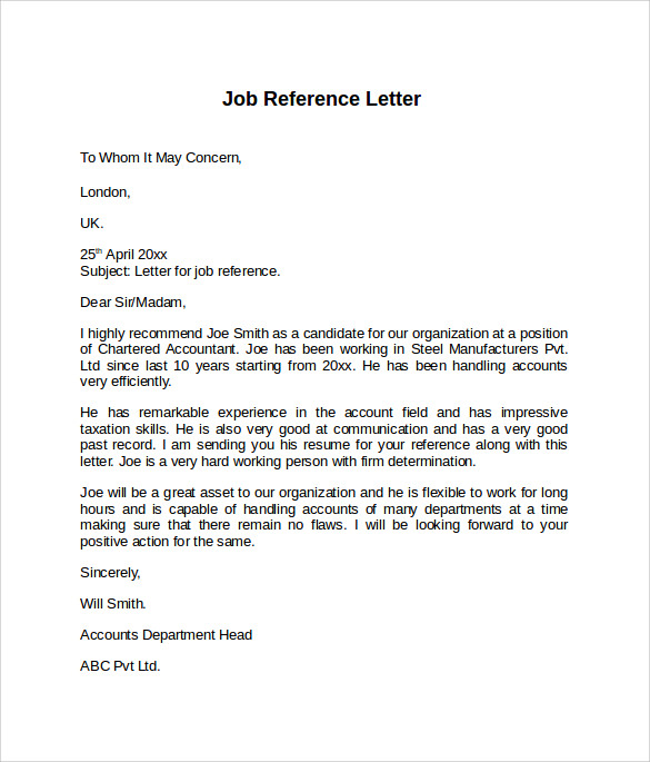 8 Job Reference Letters – Samples, Examples & Formats | Sample 