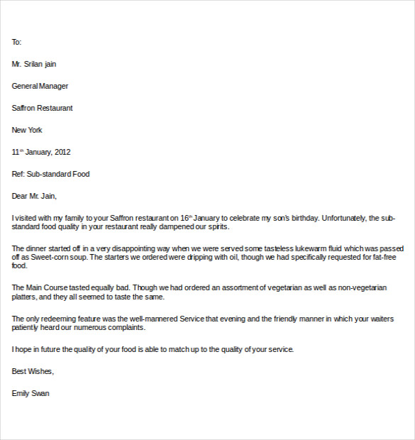 Restaurant Complaint Letter Response