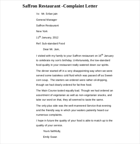 Complaint Letter Concerning Restaurant Service | Menu | Restaurants
