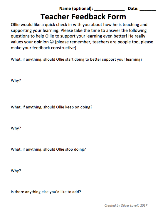 My attempt at an evidence informed student feedback form. ollie 