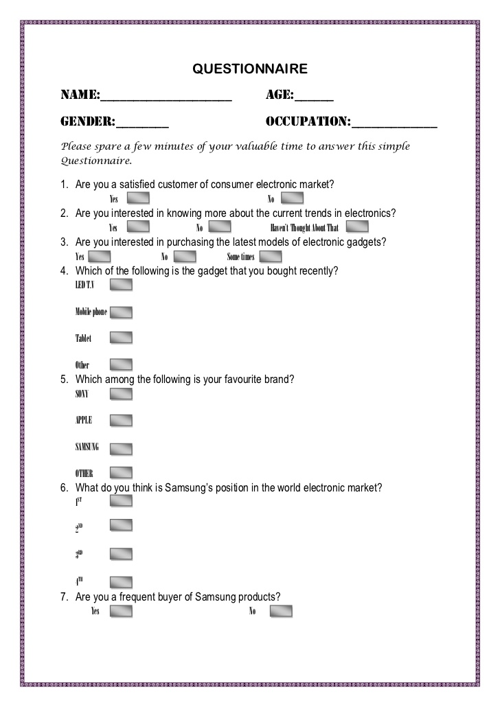 Questionnaire for the survey of electronics market(for school/college…